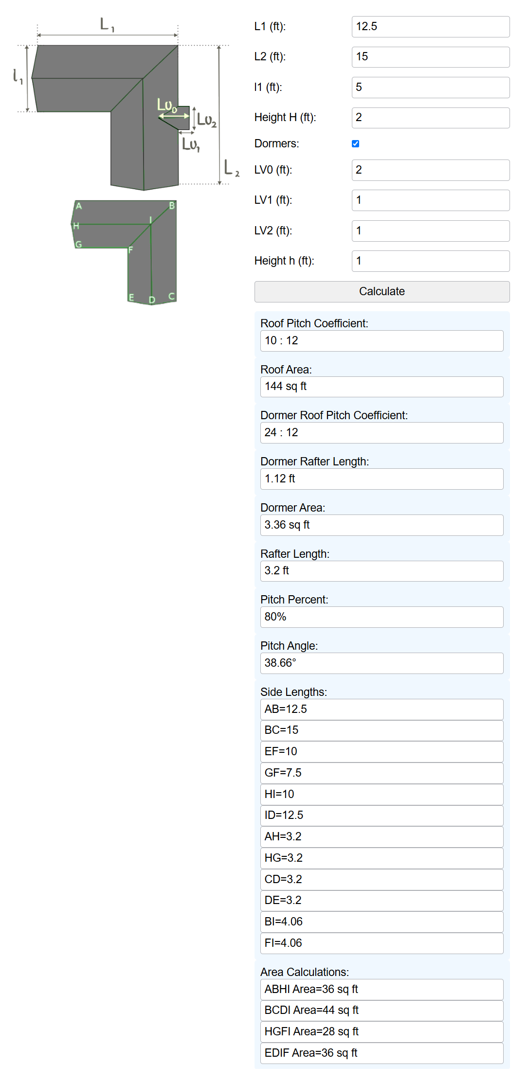 Cross Gabled Roof Size Calculator Sample