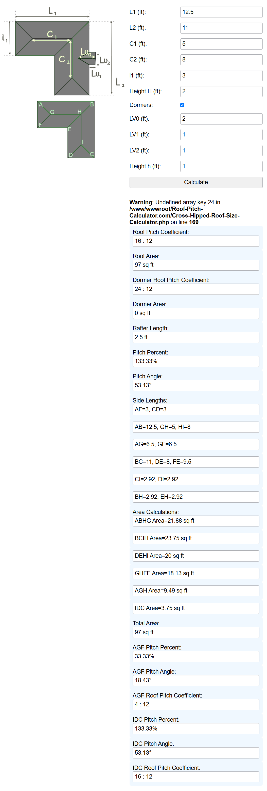 Cross Hipped Roof Size Calculator Sample