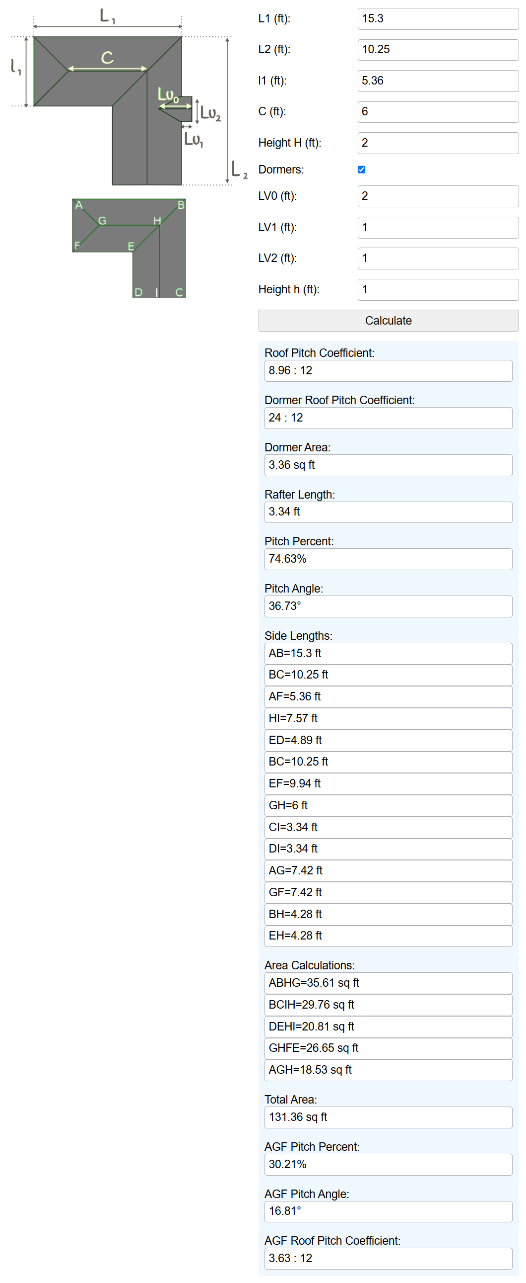 Mixed Gabled and Hipped Roof Size Calculator Sample